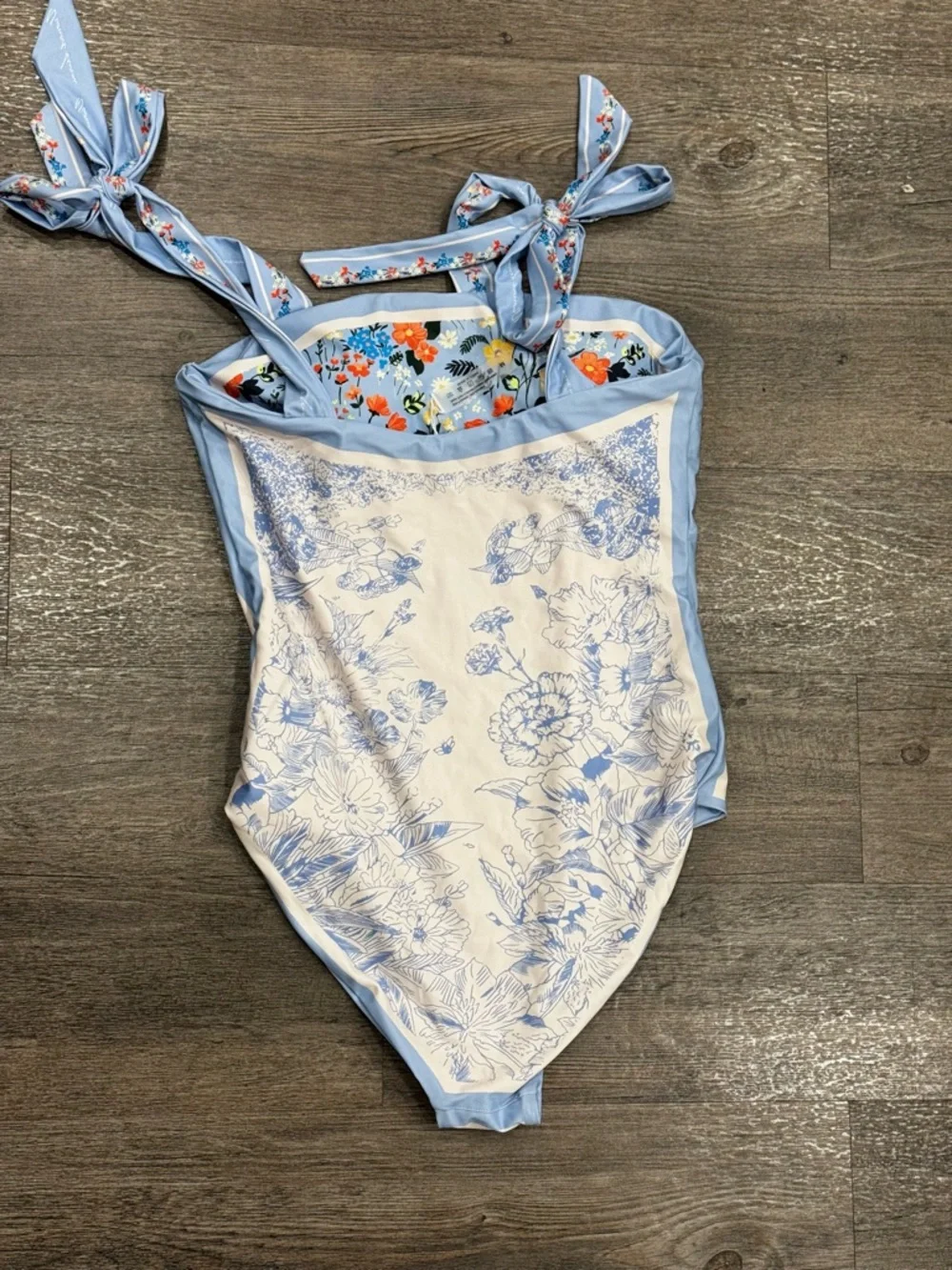 Reversible Light Blue Floral Tie-Shoulder One-Piece Swimsuit - Picture 4 of 4